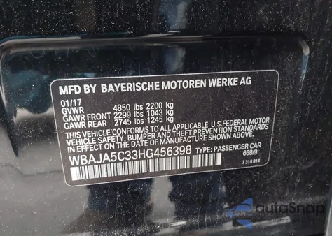 2017 BMW 530I from USA, damaged, VIN WBAJA5C33HG456398